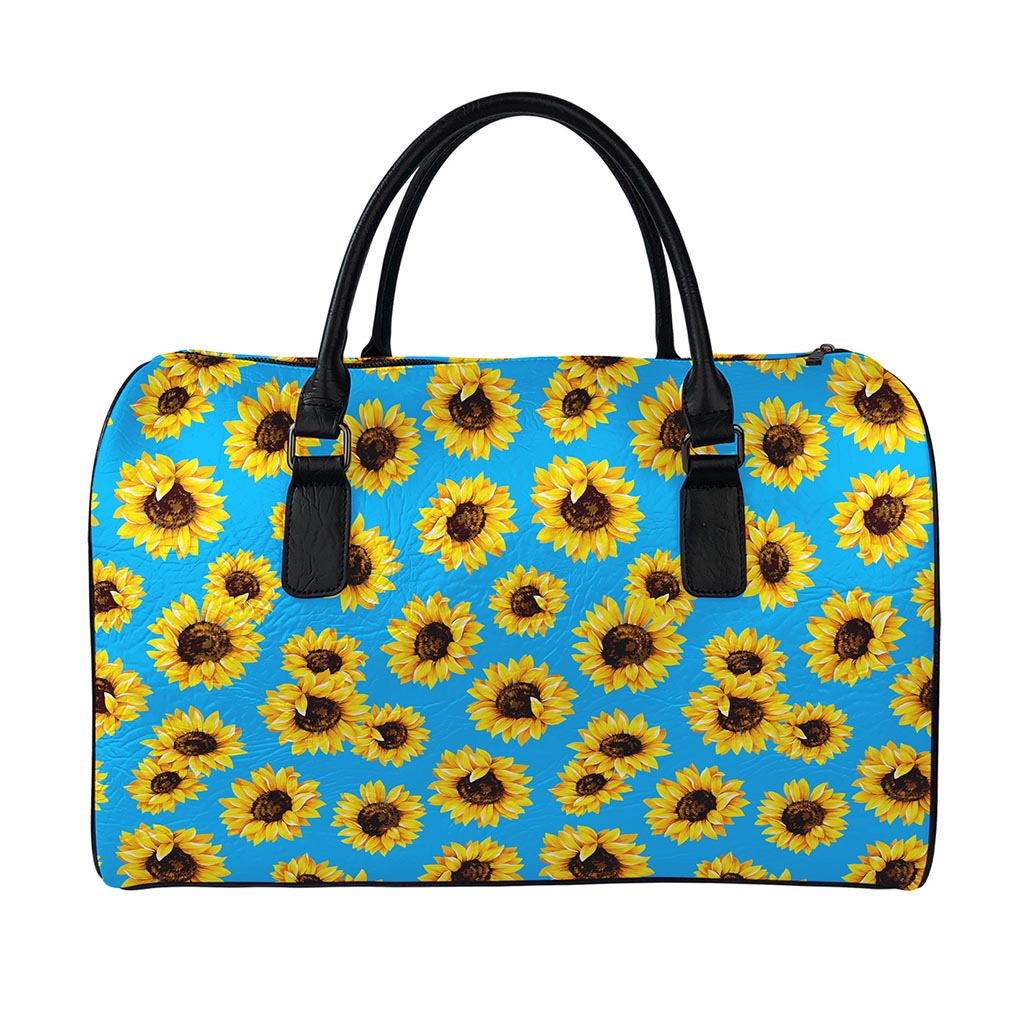 Blue Sunflower Pattern Print Leather Duffle Bag