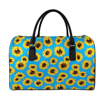 Blue Sunflower Pattern Print Leather Duffle Bag
