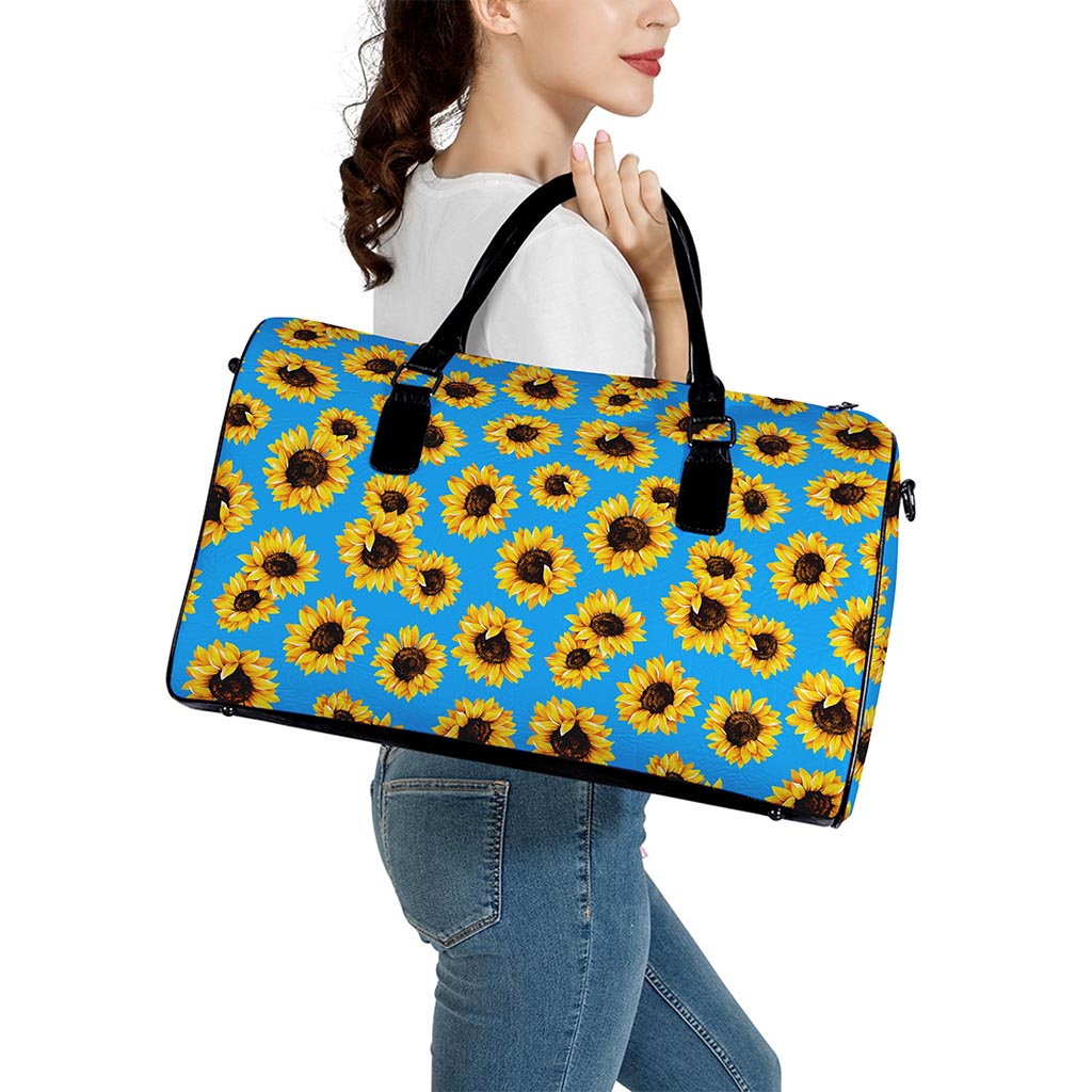 Blue Sunflower Pattern Print Leather Duffle Bag