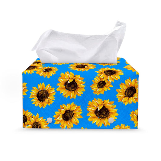 Blue Sunflower Pattern Print Leather Tissue Box Cover