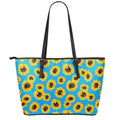 Blue Sunflower Pattern Print Leather Tote Bag With Zipper