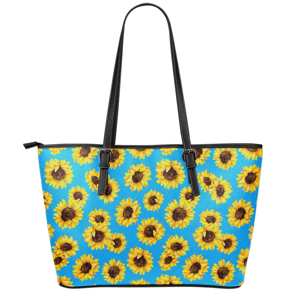 Blue Sunflower Pattern Print Leather Tote Bag
