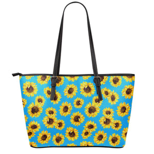 Blue Sunflower Pattern Print Leather Tote Bag