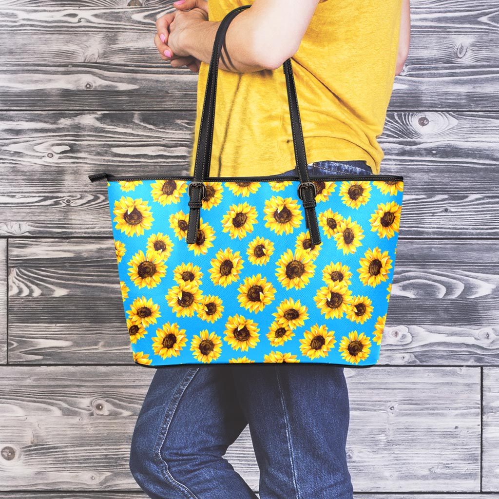 Blue Sunflower Pattern Print Leather Tote Bag