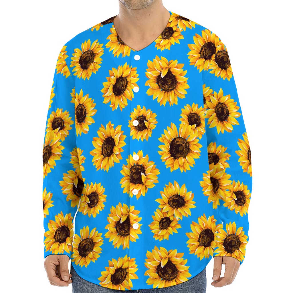 Blue Sunflower Pattern Print Long Sleeve Baseball Jersey