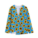 Blue Sunflower Pattern Print Long Sleeve Short Coat