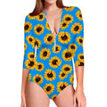 Blue Sunflower Pattern Print Long Sleeve Swimsuit