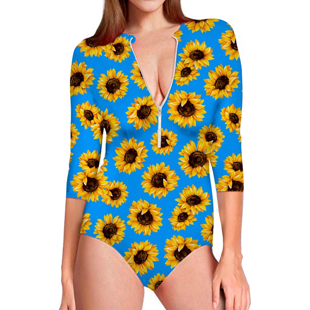 Blue Sunflower Pattern Print Long Sleeve Swimsuit