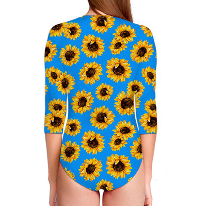 Blue Sunflower Pattern Print Long Sleeve Swimsuit