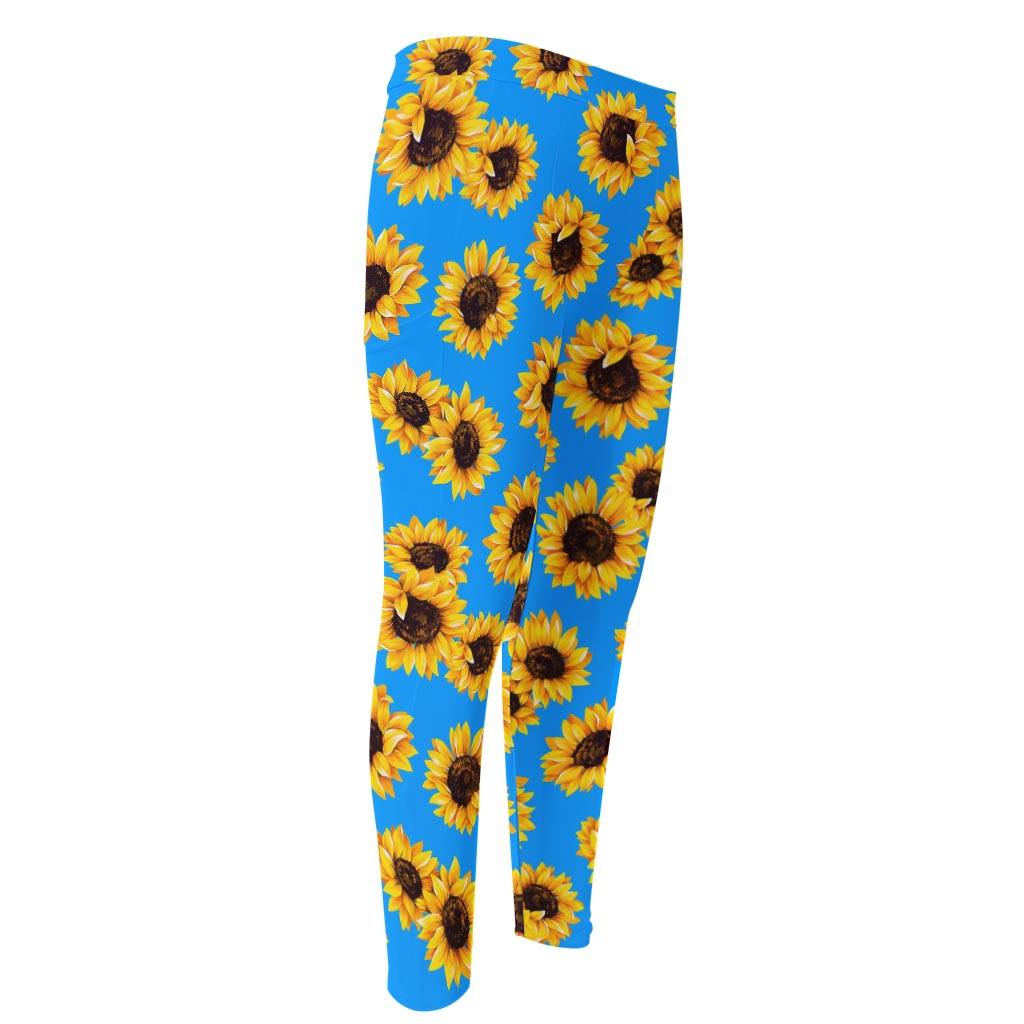 Blue Sunflower Pattern Print Men's Compression Pants