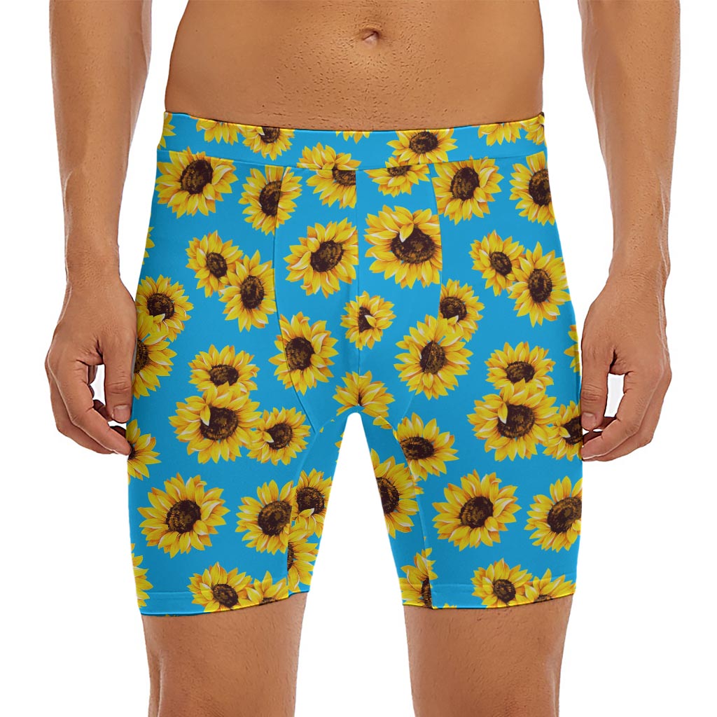 Blue Sunflower Pattern Print Men's Long Boxer Briefs