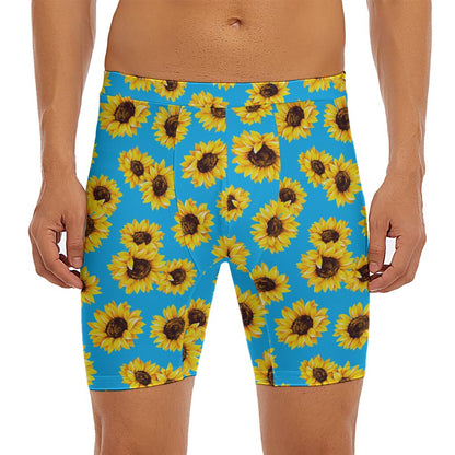Blue Sunflower Pattern Print Men's Long Boxer Briefs