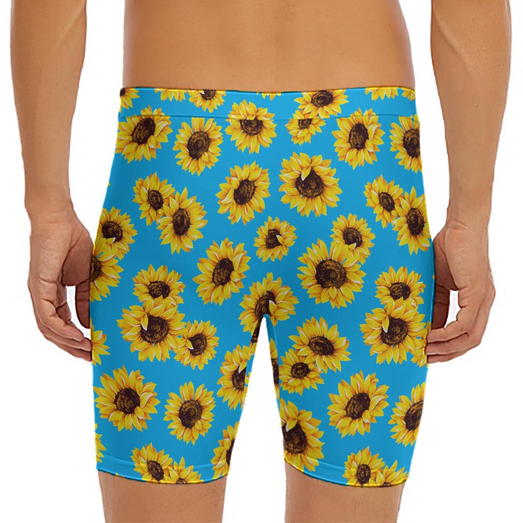 Blue Sunflower Pattern Print Men's Long Boxer Briefs
