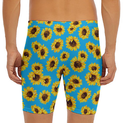 Blue Sunflower Pattern Print Men's Long Boxer Briefs