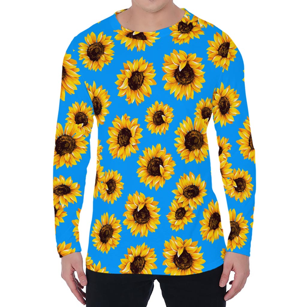 Blue Sunflower Pattern Print Men's Long Sleeve T-Shirt