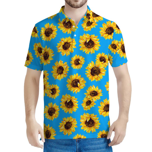 Blue Sunflower Pattern Print Men's Polo Shirt