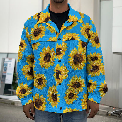 Blue Sunflower Pattern Print Men's Shirt Jacket