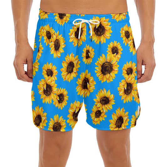 Blue Sunflower Pattern Print Men's Split Running Shorts