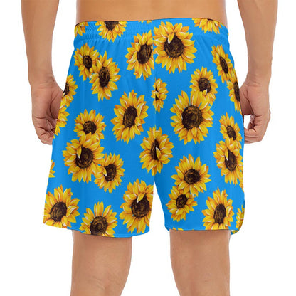 Blue Sunflower Pattern Print Men's Split Running Shorts