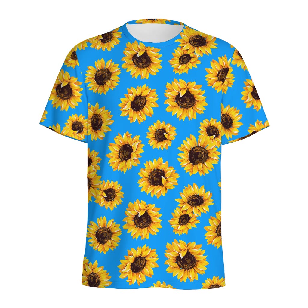 Blue Sunflower Pattern Print Men's Sports T-Shirt