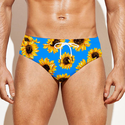 Blue Sunflower Pattern Print Men's Swim Briefs