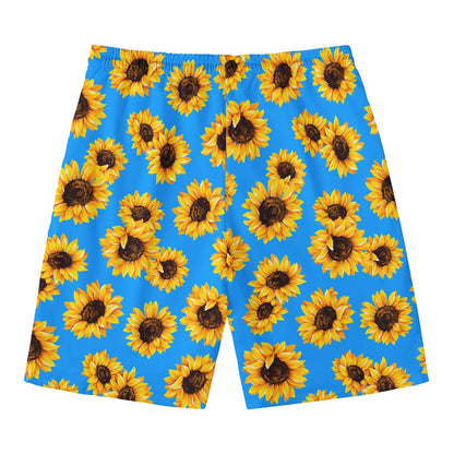 Blue Sunflower Pattern Print Men's Swim Trunks