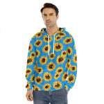 Blue Sunflower Pattern Print Men's Velvet Pullover Hoodie