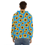Blue Sunflower Pattern Print Men's Velvet Pullover Hoodie