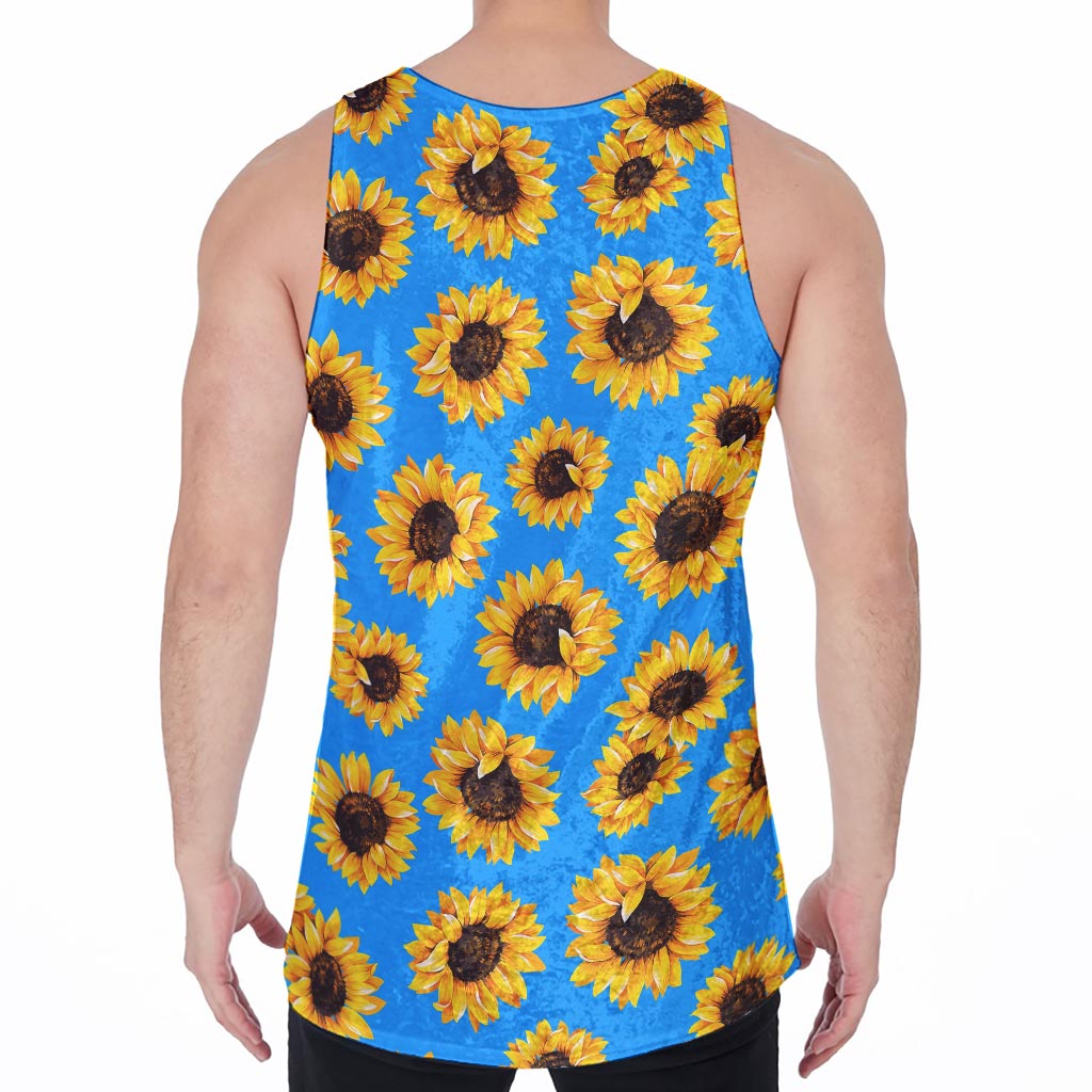Blue Sunflower Pattern Print Men's Velvet Tank Top