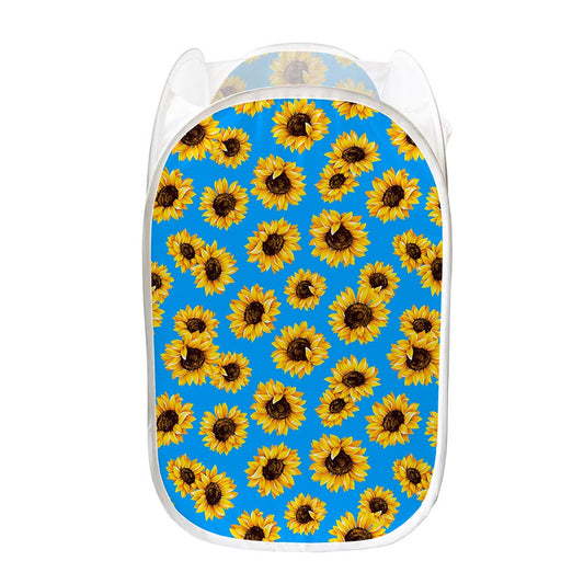 Blue Sunflower Pattern Print Mesh Laundry Hamper