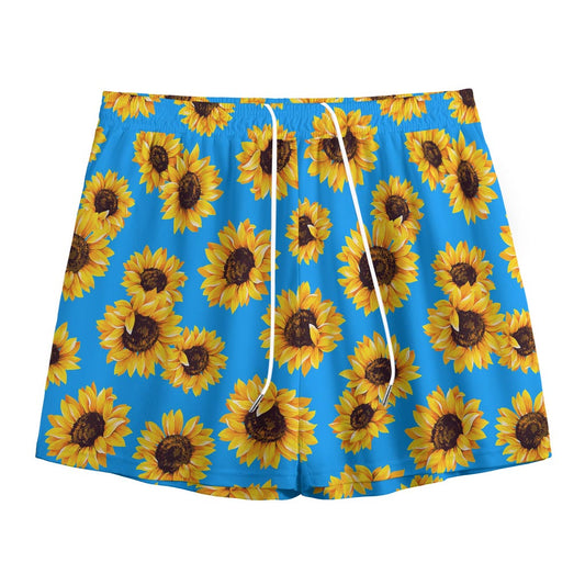 Blue Sunflower Pattern Print Mesh Shorts