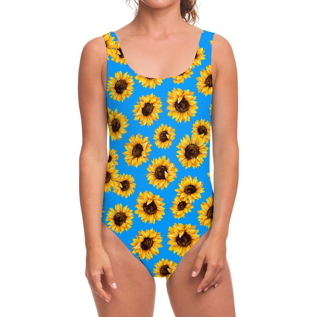 Blue Sunflower Pattern Print One Piece Swimsuit