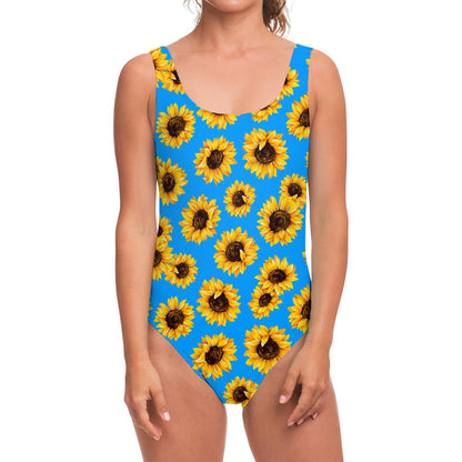 Blue Sunflower Pattern Print One Piece Swimsuit