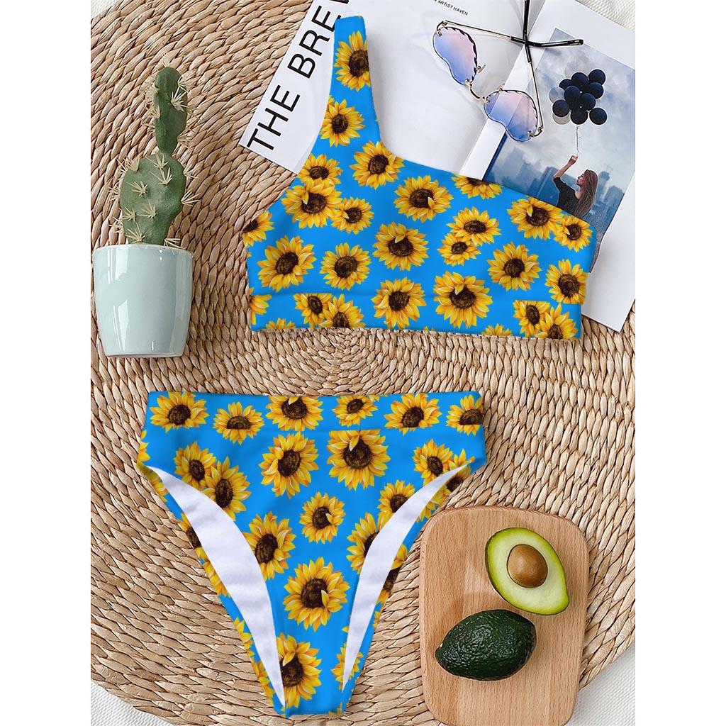 Blue Sunflower Pattern Print One Shoulder Bikini Top