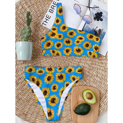 Blue Sunflower Pattern Print One Shoulder Bikini Top