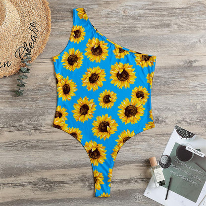Blue Sunflower Pattern Print One Shoulder Bodysuit