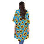 Blue Sunflower Pattern Print Open Front Beach Cover Up