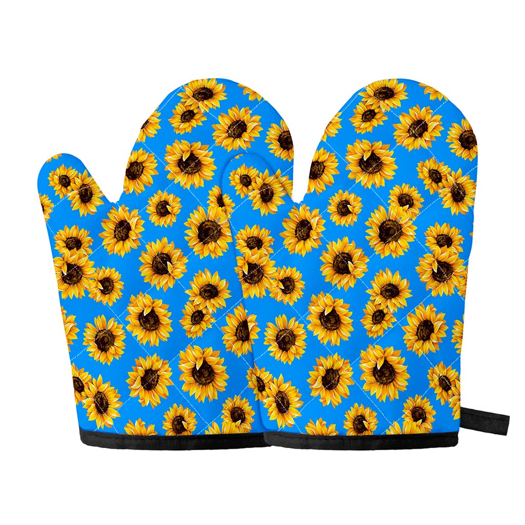Blue Sunflower Pattern Print Oven Mitts