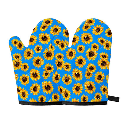 Blue Sunflower Pattern Print Oven Mitts