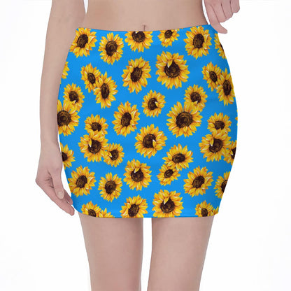 Blue Sunflower Pattern Print Pencil Mini Skirt