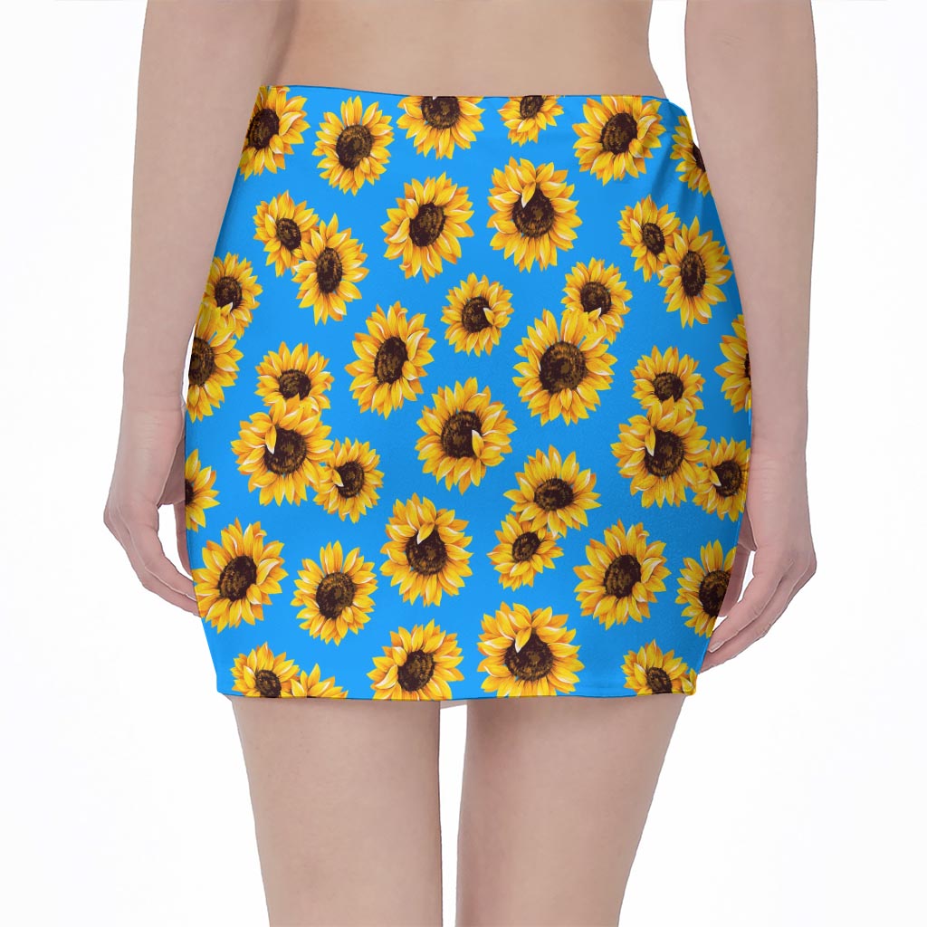 Blue Sunflower Pattern Print Pencil Mini Skirt