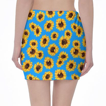 Blue Sunflower Pattern Print Pencil Mini Skirt