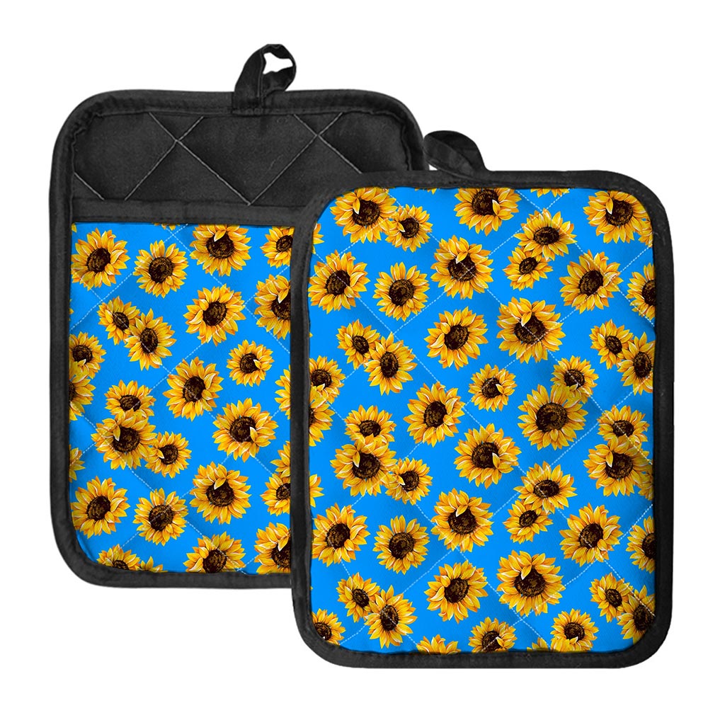 Blue Sunflower Pattern Print Pot Holders With Pocket