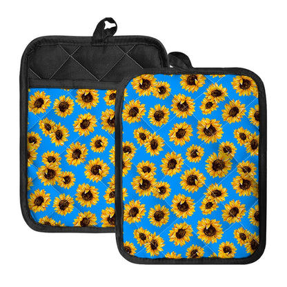 Blue Sunflower Pattern Print Pot Holders With Pocket