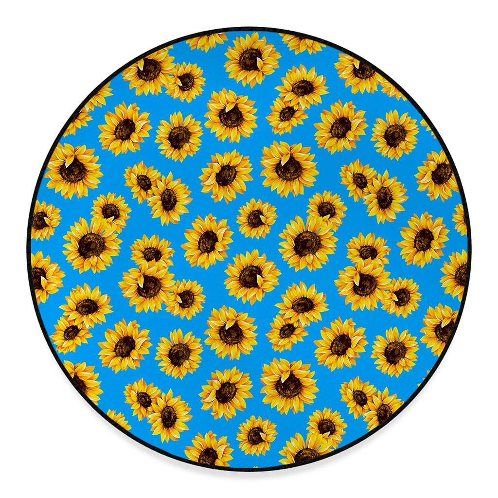 Blue Sunflower Pattern Print Round Floor Mat