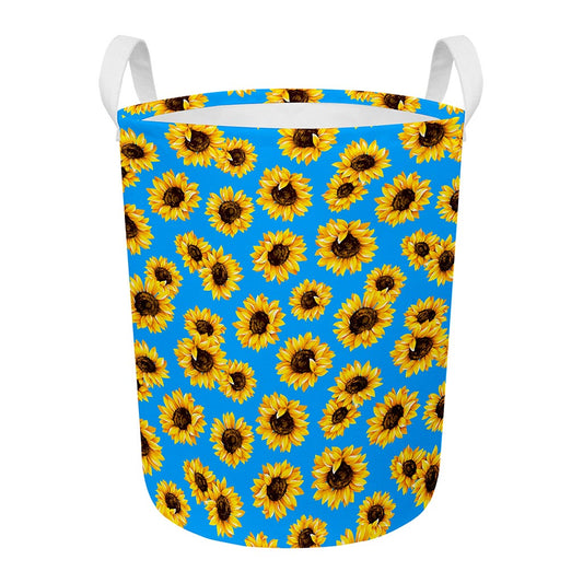 Blue Sunflower Pattern Print Round Laundry Basket