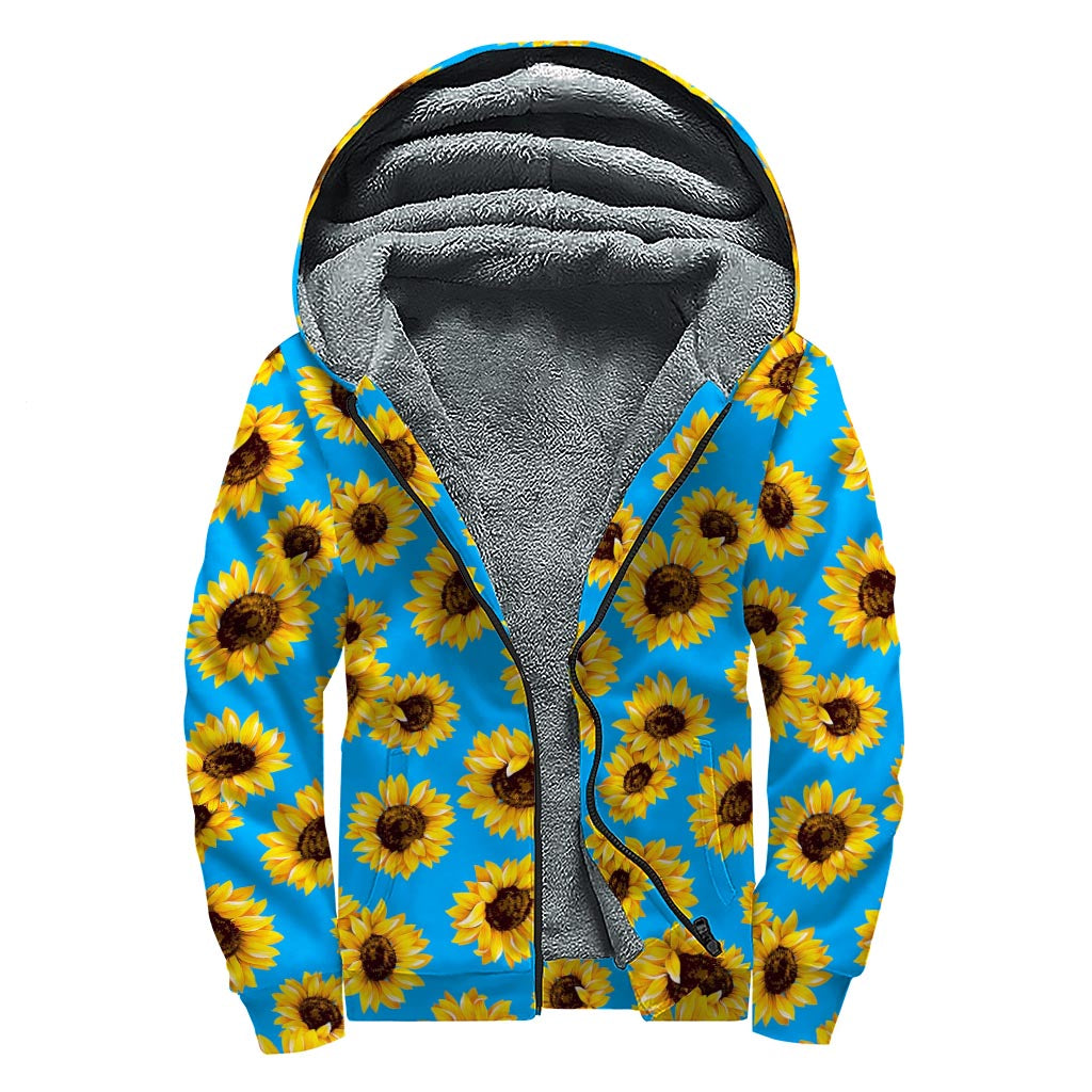 Blue Sunflower Pattern Print Sherpa Lined Zip Up Hoodie