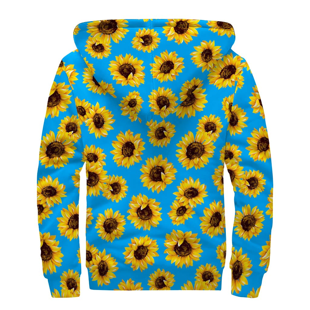 Blue Sunflower Pattern Print Sherpa Lined Zip Up Hoodie