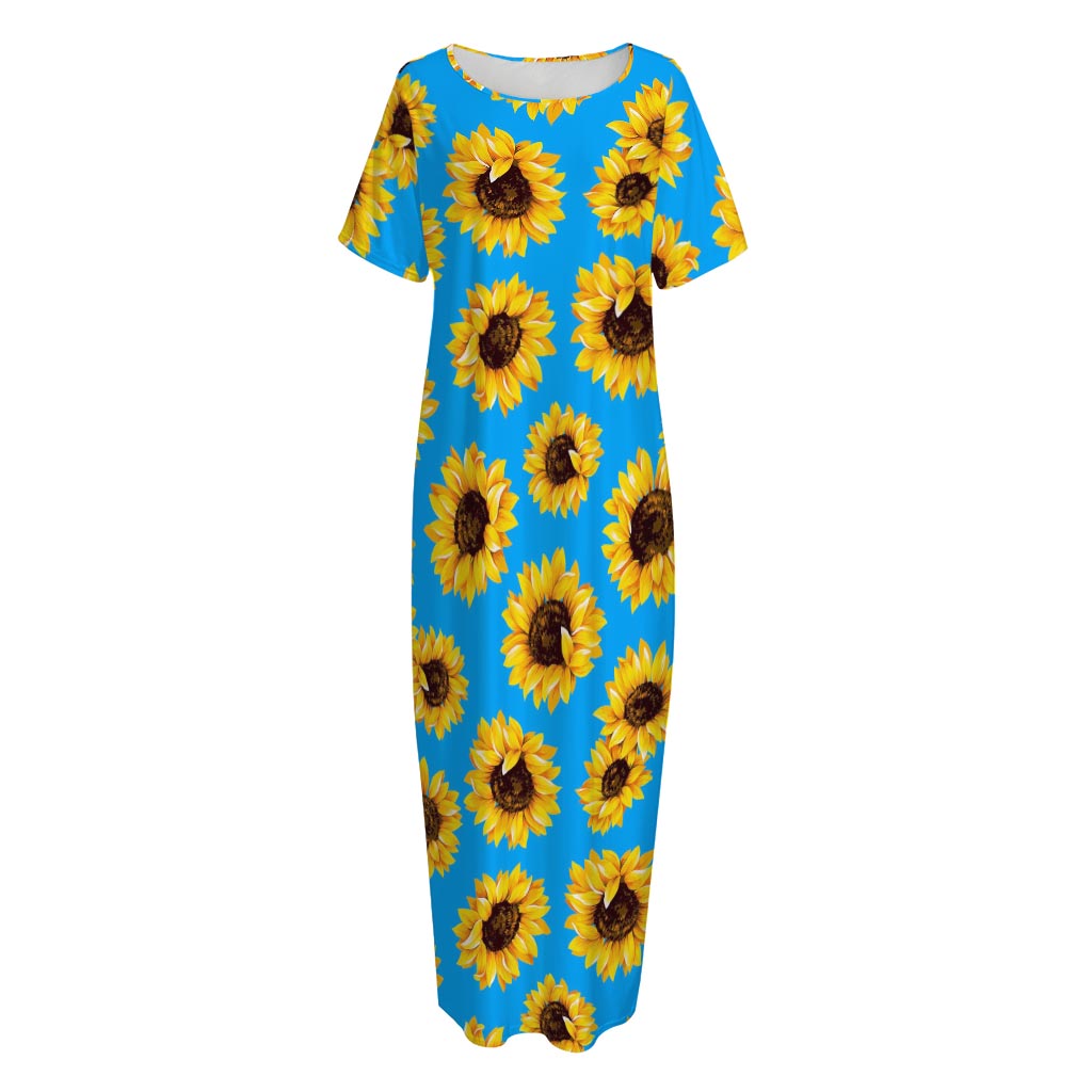 Blue Sunflower Pattern Print Short Sleeve Long Nightdress