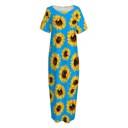 Blue Sunflower Pattern Print Short Sleeve Long Nightdress